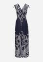 Granatowa Sukienka z Ornamentalnym Wzorem Gumką w Talii i Sznurkami na Ramionach Avemina