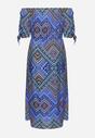 Niebieska Bawełniana Sukienka z Hiszpańskim Dekoltem Rozkloszowana z Materiałowym Paskiem Dacella