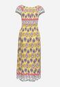 Żółta Sukienka Bawełniana z Gumką w Talii i Mozaikowym Wzorem Vestra