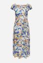 Niebieska Letnia Sukienka Bawełniana z Wzorem Paisley z Hiszpańskim Dekoltem Piemira