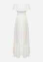 Biała Sukienka o Rozkloszowanym Fasonie z Hiszpańskim Dekoltem i Materiałowym Paskiem Nacara