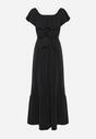 Czarna Sukienka o Rozkloszowanym Fasonie z Hiszpańskim Dekoltem i Materiałowym Paskiem Nacara