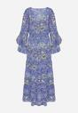 Granatowa Sukienka Rozkloszowana w Kwiatowy Wzór Ozdobiona Falbankami Anavela