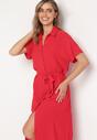 Czerwona Sukienka Wiskozowa o Luźnym Koszulowym Kroju Wiązana w Talii Rionella