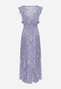 Niebieska Bawełniana Sukienka z Metalicznym Nadrukiem z Gumkami w Pasie z Kopertowym Dekoltem Folia