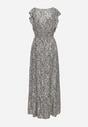 Czarno-Beżowa Bawełniana Sukienka z Metalicznym Nadrukiem z Gumkami w Pasie z Kopertowym Dekoltem Folia