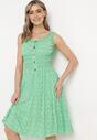 Zielona Rozkloszowana Sukienka z Bawełny na Szerokich Ramiączkach z Gumką w Pasie Bellawish