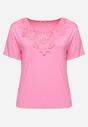 Różowy Klasyczny T-shirt z Koronką przy Dekolcie Fioma