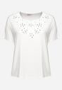 Biały T-shirt Koszulka z Krótkim Rękawem z Dekoltem Ozdobionym Koronką i Cyrkoniami Novilla