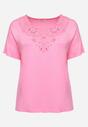 Różowy T-shirt Koszulka z Krótkim Rękawem z Dekoltem Ozdobionym Koronką i Cyrkoniami Lovita