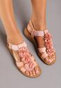 Różowe Płaskie Sandały z Imitacji Skóry Ozdobione Aplikacją w Kształcie Kwiatów Katira