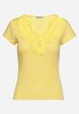 Żółty Bawełniany T-shirt Koszulka z Krótkim Rękawem z Koronką przy Rękawach i Dekolcie Fiadella