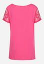 Różowa Koszulka T-shirt z Wiskozy z Krótkim Rękawem i Koronką Relliara