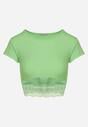 Zielony T-shirt Top z Krótkim Rękawem z Dołem Ozdobionym Koronką Vavilla