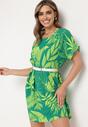 Zielona Sukienka z Roślinnym Wzorem z Krótkim Rękawem i Wsuwanymi Kieszeniami Ellaria