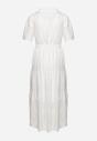 Biała Ażurowa Sukienka z Bawełny Przewiązywana w Talii z Guzikami Pariena