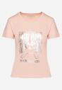 Jasnoróżowy Bawełniany Klasyczny T-shirt Ozdobiony z Przodu Metalicznym Nadrukiem Timazela