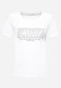 Biały Bawełniany T-shirt Koszulka z Krótkim Rękawem Ozdobiona Nadrukiem i Cyrkoniami Quana