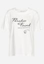 Biały Klasyczny Bawełniany T-shirt z Krótkim Rękawem z Nadrukiem Ozdobiony Perełkami Tiavenna