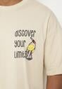 Jasnobeżowa Bawełniana Koszulka T-shirt z Krótkim Rękawem z Nadrukiem na Plecach i Przodzie Civia