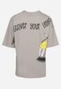 Szara Bawełniana Koszulka T-shirt z Krótkim Rękawem z Nadrukiem na Plecach i Przodzie Civia