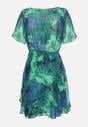 Zielono-Niebieska Rozkloszowana Sukienka z Kopertowym Dekoltem i Gumką w Talii Pannestra