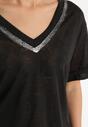 Czarny T-shirt Koszulka z Krótkim Rękawem z Brokatowym Akcentem przy Dekolcie Glarena