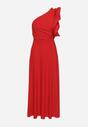 Czerwona Asymetryczna Sukienka o Rozkloszowanym Fasonie z Ozdobnymi Falbankami przy Ramionach Virama