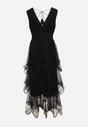 Czarna Sukienka z Kopertowym Dekoltem Wiązaniem na Plecach i Asymetrycznym Dołem z Siateczki Helolla