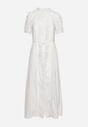 Biała Sukienka Rozkloszowana z Bawełny Wiązana w Talii Ozdobiona Koronką Mleiana