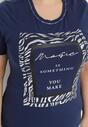 Granatowy Bawełniany T-shirt Koszulka z Krótkim Rękawem Ozdobiona Nadrukiem i Cyrkoniami Codara