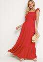 Czerwona Sukienka na Ramiączkach z Falbankami i Gumką w Talii z Wiązaniem na Plecach Tiolla