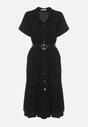 Czarna Koszulowa Sukienka z Krótkim Rękawem Zapinana na Guziki z Paskiem z Ekoskóry Xantantia