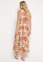 Beżowa Sukienka Rozkloszowana z Klapami przy Dekolcie w Abstrakcyjny Wzór Elebia