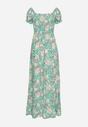 Zielona Rozkloszowana Sukienka w Kwiaty z Marszczonym Dekoltem Disteria