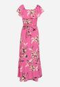Różowa Sukienka w Kwiaty Typu Hiszpanka z Gumką w Pasie i Materiałowym Paskiem Overi