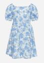 Niebieska Bawełniana Sukienka w Kwiatowy Print z Bufiastymi Rękawami Flospia