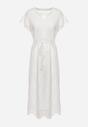 Biała Sukienka z Bawełny Zdobiona Haftem z Krótkim Rękawem i Materiałowym Paskiem Dimisha