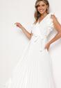 Biała Sukienka z Kopertowym Dekoltem i Falbanką z Gumką w Talii i Materiałowym Paskiem Tiamaraya