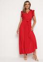 Czerwona Sukienka z Kopertowym Dekoltem i Falbanką z Gumką w Talii i Materiałowym Paskiem Tiamaraya