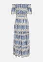 Niebiesko-Biała Wiskozowa Rozkloszowana Sukienka Hiszpanka z Gumką w Pasie i Materiałowym Paskiem Billea