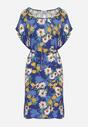 Niebiesko-Granatowa Wiskozowa Sukienka w Kwiaty z Materiałowym Paskiem w Talii Aristina