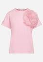 Różowy T-shirt Koszulka z Krótkim Rękawem i Aplikacją w Kształcie Kwiatu Nestairis