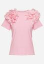 Różowy Bawełniany T-shirt Koszulka z Krótkim Rękawem Ozdobiona Aplikacją z Falbankami Aristine