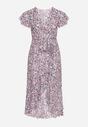 Biało-Fioletowa Bawełniana Sukienka w Kwitowy Wzór Wiązana w Talii z Kopertowym Dekoltem Risallin