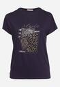 Granatowy Bawełniany T-shirt z Ozdobnym Napisem i Cyrkoniami Krisiona
