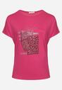 Ciemnoróżowy Bawełniany T-shirt z Ozdobnym Napisem i Cyrkoniami Krisiona