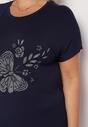 Granatowy Klasyczny Bawełniany T-shirt z Nadrukiem Wiloa