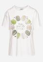 Biało-Zielony Bawełniany T-shirt Ozdobiony Nadrukiem i Cyrkoniami Chrisielle