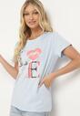 Jasnoniebieski T-shirt z Krótkim Rękawem i Ozdobnym Nadrukiem Testolene